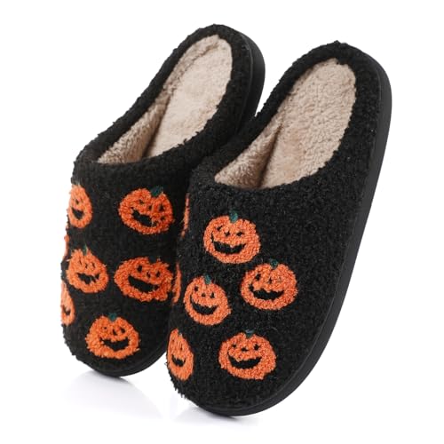 Manooby Women's Christmas Reindeer Slippers, Soft Warm Plush Fuzzy Winter Indoor Shoes, Size 6.5-7.5, Little Pumpkin Color