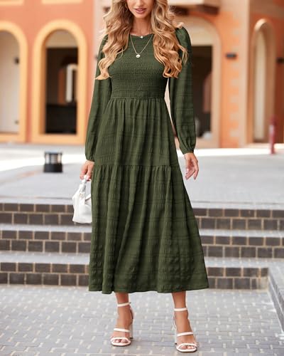 dowerme Women's Dresses 2025 Fall Puff Long Sleeve Crewneck Smocked Tiered Flowy A-Line Boho Wedding Party Maxi Dress2