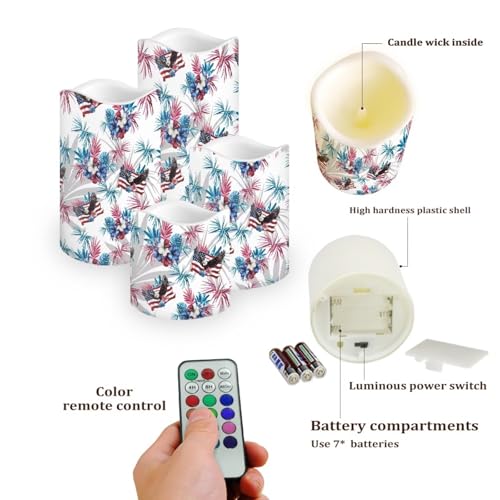 Image of 250th Anniversary Fake Candles Set of 4 Bald Eagle Star Stripes Pattern LED Battery Operated Flickering Remote Fourth of July Lamp Patriotic Decor for Bedroom Wedding Restaurant