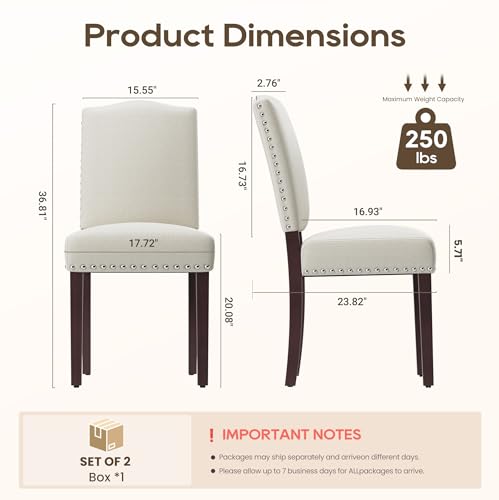 Image of Upholstered Dining Chairs Set of 2 with Thickened Seat Cushion, Wooden Mid-Century Modern Fabric Farmhouse Kitchen Chairs for Dining Room Living /Restaurant /Reading Room(Beige)