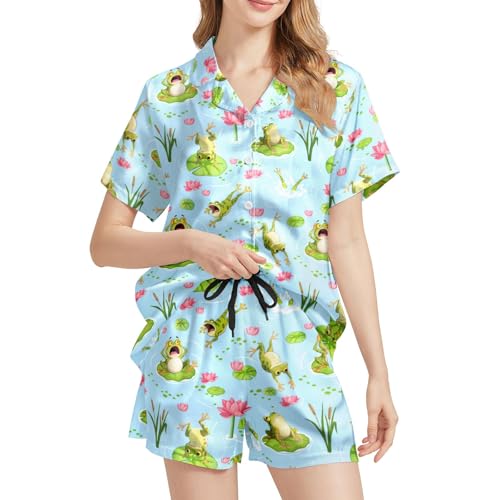 Image of Funny Pajamas for Women Set Print Satin Loungewear Pjs Short Sleeve Button Down Top and Shorts Sets Sleepwear XS-3XL
