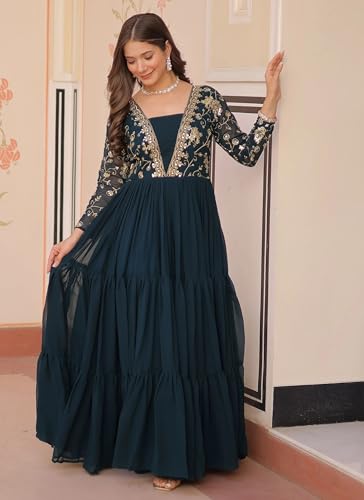 Image of FOXDX Womens Faux Georgette Sequence Embroidered Ankle Length Anarkali Gown for Women| Festival | Trending |