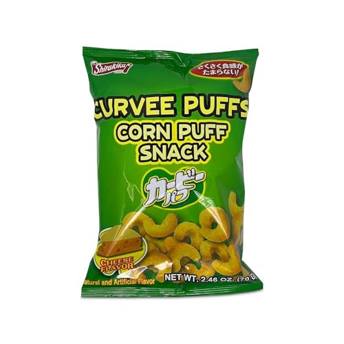 Shirakiku Curvee Corn Puff Snack | Natural and Artificial Flavor, Silicon dioxide, Palm oil, Wheat, Onion || Authentic Japanese Snacks in Cheese Flavor | 2.46 oz Pack of 2
