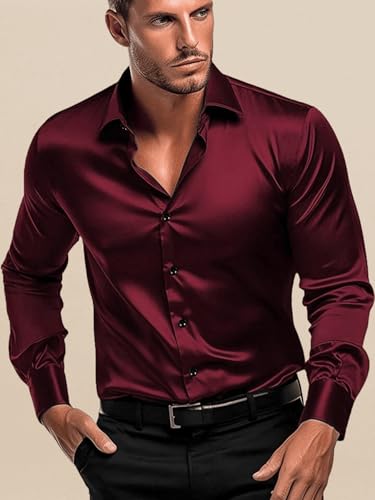 Image of IndoPrimo Men's Satin Shirt with Spread Collar Neck Line Solid Pattern Full Sleeves Regular Fit Western Style and Standard Length