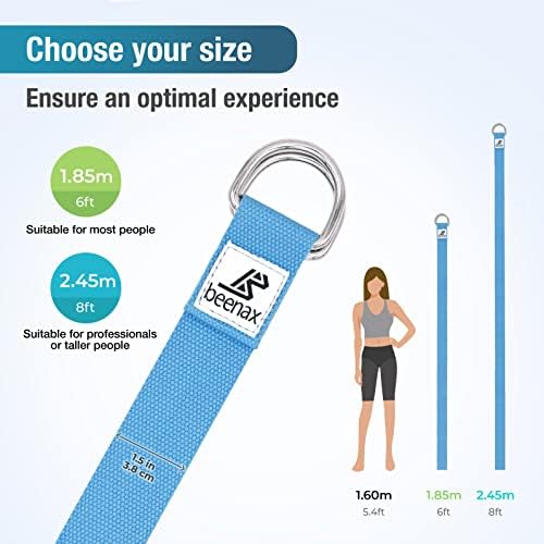 beenax Yoga Strap Belt 1.85M, 2.45M, Extra Long Adjustable Strong Cotton 6ft 8ft with D-Ring Buckle, Exercise & Fitness Stretching for Yoga, Pilates, Dance, Gym Workouts and Physical Therapy