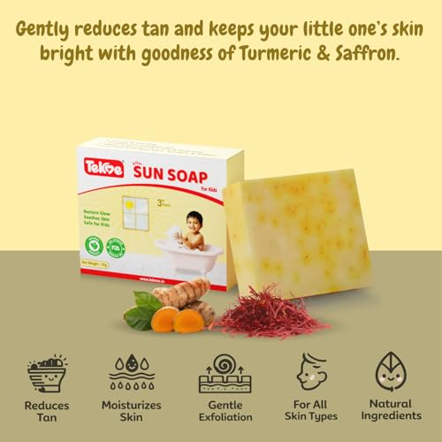 Image of Tekme After Sun Soap for Kids | Gentle Tan Removal & Daily Use Kids De-Tan Soap with Saffron, Turmeric, Papaya & Aloe Vera | Natural Handmade Soaps for 3 Years+ (75g x Pack of 3)