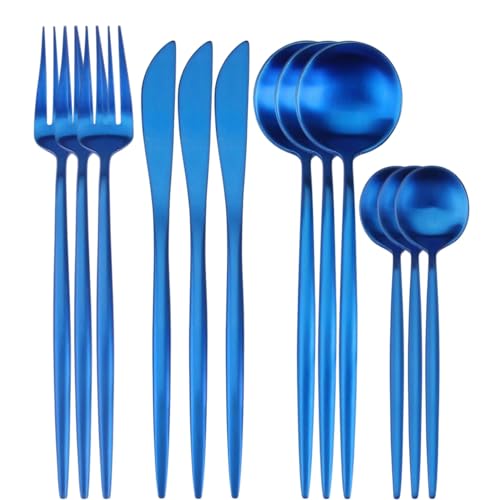 Image of 12 pcs Flatware Set, Blue Silverware Set for 3, Knife Fork Spoon, Stainless Steel Home Dinnerware Tableware,Mixed Cutlery Set Eating Utensils for Restaurants (12 Pcs Blue)