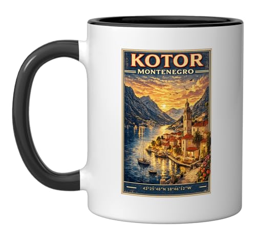 Taza de cerámica Kotor Montenegro negra/blanca 11 oz miniatura 1