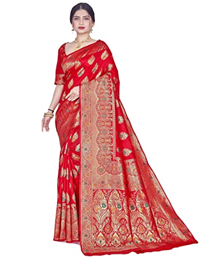 Image of C J Enterprise Women's Jacquard Silk Banarasi Kanjivaram Style Saree Paithani Red
