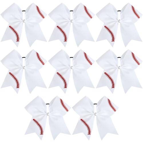 8 PCS Softball Bows 8" Softball Cheer Bows Bulk Hair Bows Cheerleading Sports Cheerleader Ponytail Holder Softball Accessories for Girls College Competition White