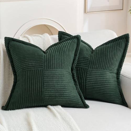 HAUSSY Pack of 2 Corduroy Throw Pillow Covers 18x18 Inch, Dark Green
