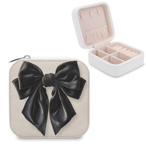 Jubonexis Joyero grande de terciopelo con lazo negro, organizador de joyas, portátil, de piel sintética, mini estuche de viaje
