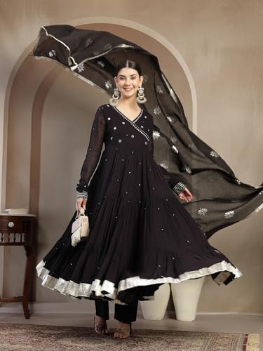Image of Gulmohar Jaipur Women's Malmal Solid Angrakha Neck Anarkali Kurta Suit Set