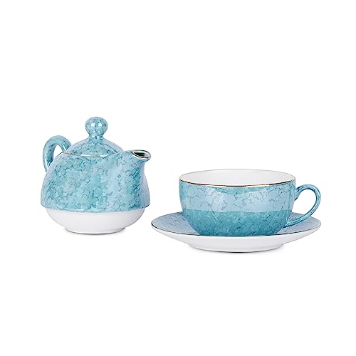 Image of Dandy Lines Tea for One Set in Aqua Gold, Elegant Tea Set with Kettle, Premium Tea Cups and Pot, Bone China, Pack of 4, Microwave & Dishwasher Safe, Great for Hosting & Gifting