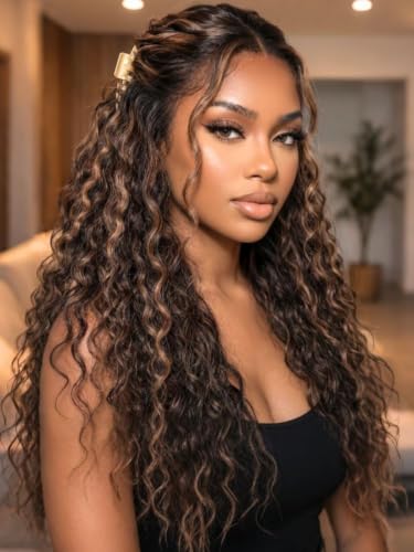 KLAIYI Golden Brown Water Wave Bye Bye Knots Glueless Wig Human Hair Highlight 7x5 Precut Lace Front Pre Plucked Bleached Ombre 3S Ready to Wear Go Beginners Wig with Dark Roots Deep Curly Wave 24Inch