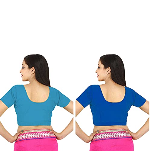 Image of Namita Women's Cotton Half Sleeve Blouse (U-COT-COM-2-CYAN-NAVYBLUE-34 Cyan-Navyblue 34)