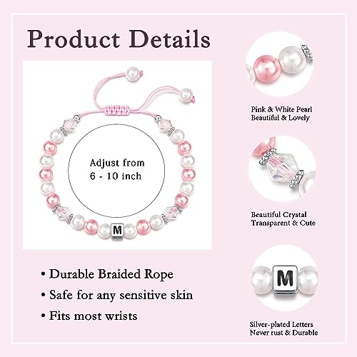 Image of Kindergarten Preschool Graduation Gifts for Little Girls | Commemorative Bracelet for Daughter /Granddaughter /Niece | Pink Pearl Initial Bracelet | Adjustable Length