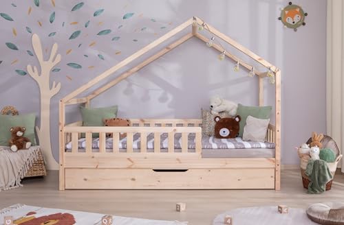TiCAA Hausbett Bodenbett wandelbar mit asymmetrischem Lou 90/100/120/140x200 cm für Jungen & Mädchen, inkl. Rolllattenrost, Zusatzbett & Rausfallschutz, Montessori Bett aus Kiefer Massivholz