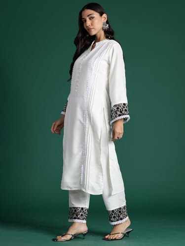 Image of INDO ERA Women's Silk Blend Embroidered Straight Kurta & Pant Set (KS9WH6908)