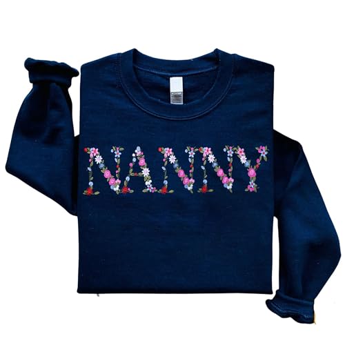 Regamor Stickerei Nanny Sweatshirts Für Frauen Geschenk Sweatshirt Von Enkelkindern Nanny Blume Oma Geschenk Mütter Weihnachten, Marineblau, L