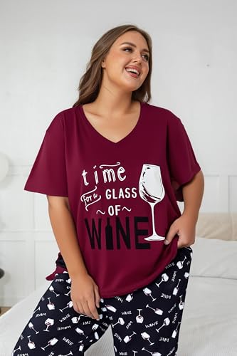 Image of Vozanet Women's Pajama Sets Short Sleeve with Long Pant Soft Sleepwear Printed pj Loungewear With TWO Pockets Size 1X to 5X