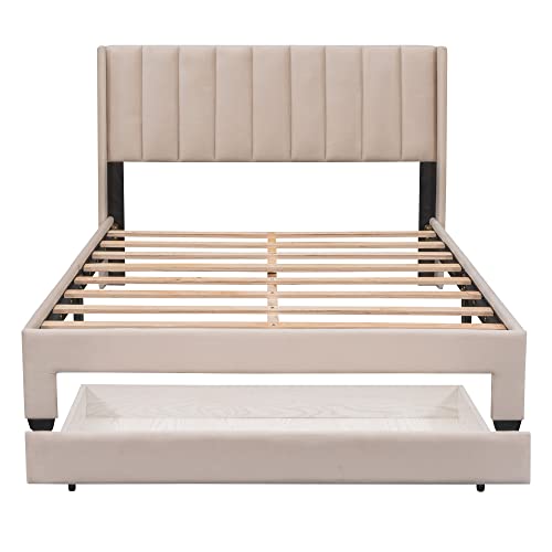 GOWE Cama de armazenamento queen size de veludo estofada com uma gaveta grande - Bege