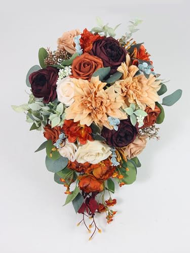 Rinlong Artificial Fall Cascading Wedding Bouquets for Bride Burnt Orange