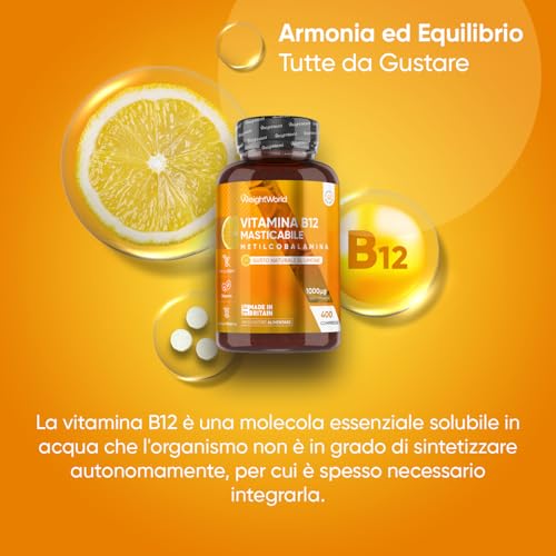 Vitamina B12 Masticabile 1000 mcg, Metilcobalamina 400 Compresse Vegan per 13+ Mesi, Vitamina B12 Sublinguale al Gusto Limone, Vitamina B per la Normale Funzione del Sistema Immunitario (Vitamine B) - 2