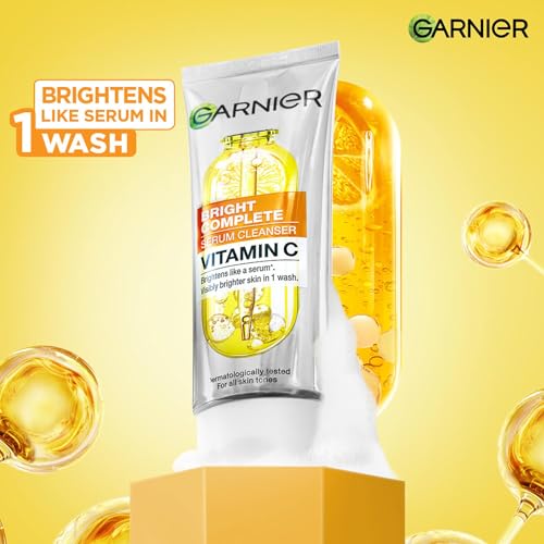 Image of Garnier Vitamin C + Serum Face Wash | Visibly Brighter Skin in Just 1 Wash | Gentle cleanser for Skin Brightening & Tan Removal | For dry, oily, sensitive skin | Facewash for Women & Men | 100gm