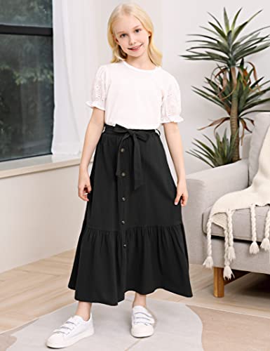 Image of Maxi Skorts Skirt for Girls Button Front High Waisted Long Skirt with Belt Ruffled Skirts with Pocket 3-12Years