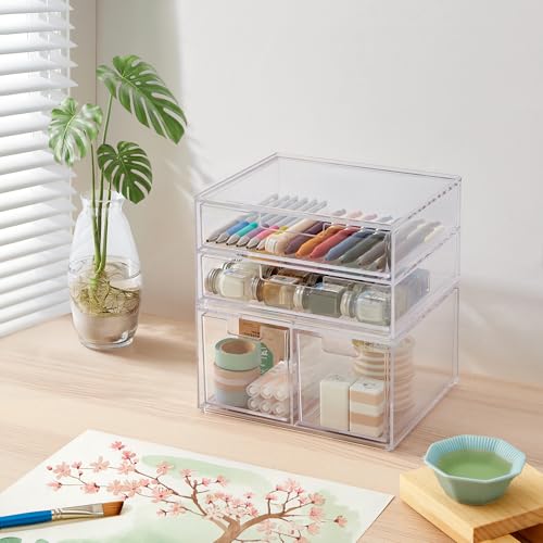 STORi Stackable Desk Organizer Drawers, Clear Pen Pencil Makeup Brush Holder for Desktops and Vanities, 4 Multi-size Drawers (Made in USA) by STORi - Image 2