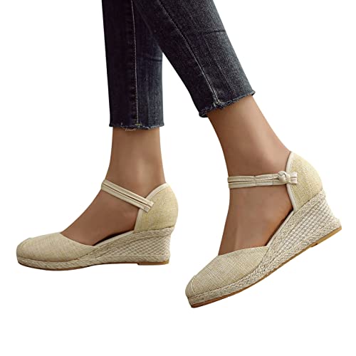 Aniywn Women s Closed Toe Platform Sandals Summer Buckle Ankle Strap Espadrilles Wedge Sandals Comfortable Casual Work Shoes Beige