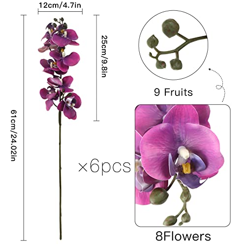 Sdeerit 24" Purple Phalaenopsis Orchid Artificial Flower, 6 Pcs Faux Purple Orchid Real Touch Latex Artificial Orchids Faux Orchid Fake Orchid For Home Office Wedding Decor (Purple) #TOP1