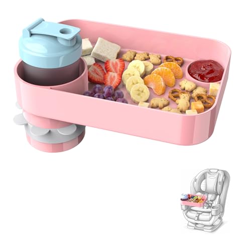 Car Seat Snack Tray for Toddlers Reduces Mess Square Travel Tray Cup Holder Snack Tray Durable Car Food Tray for Kids Universal Fit Kids Travel Road Trip Essentials(Pink)