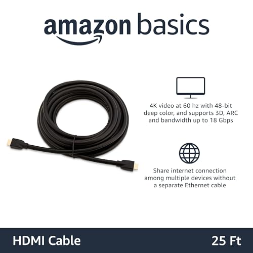 Amazon Basics HDMI 2.0 Cable with Ethernet, 25ft, 4K@60Hz, High-Speed (18Gbps), 2160p, 48 bit, Compatible with TV/PS5/Xbox/Roku/Blu-ray, Black view 2