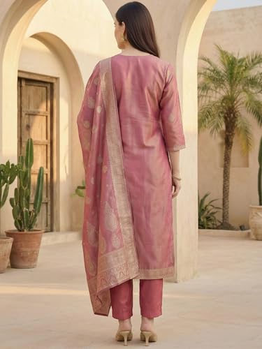 Image of INDO ERA Women's Purple Silk Blend Woven Design Straight Kurta and Pant with Dupatta Set (IESTR5599)