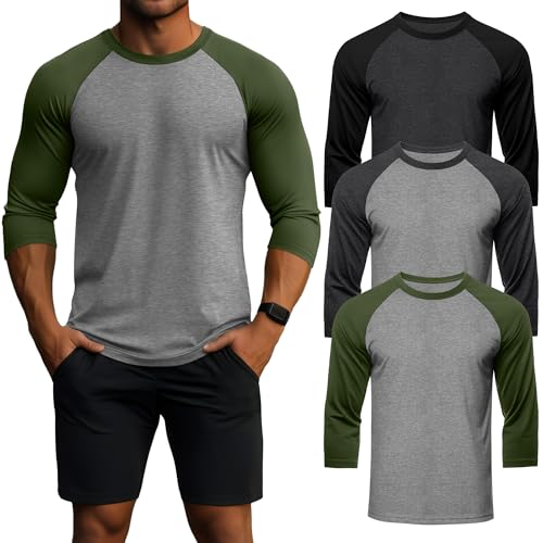 Huukeay 3 Pack Men's 3/4 Sleeve Shirts Cotton Crew Neck Baseball T Shirts Moisture Wicking Athletic Tops