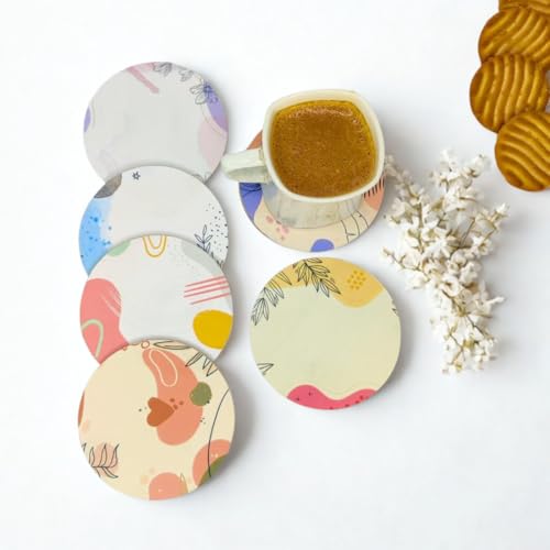 Image of Zesta Coasters for Cups Set of 6 / Wooden Coasters for Bar Accessories for Home /Tea Coaster Set of 6 / Waterproof Dining Table Decor Glass Cover (Abstract, Circle)