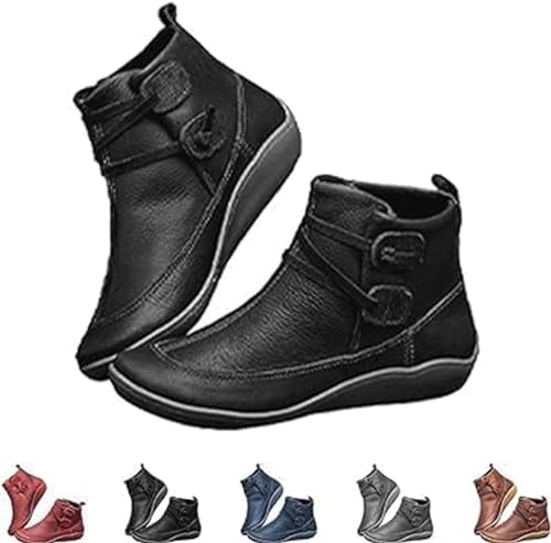 IFFANY Vintage Orthopedic Ankle Boots,Women Arch Support Slip On Low Heel Booties,Autumn Winter Casual Outdoor Walking Short Booties, Black, 40