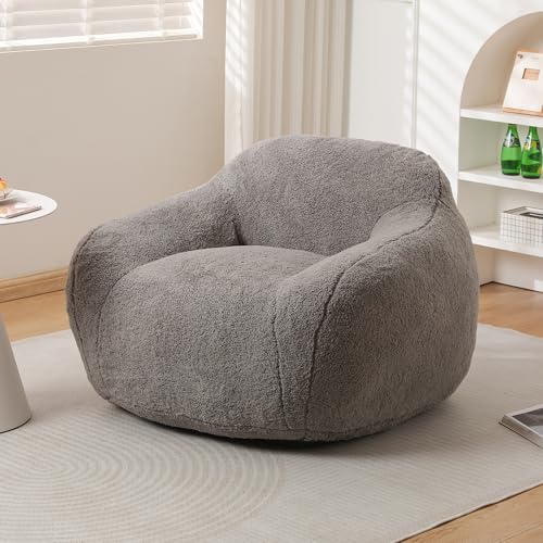 Sudwesto Oversized Bean Bag Chair, Teddy Upholstered Bean Bag Sofa with Wide Seat, Stuffed Beanbag Chair for Adult, Lazy Floor Sofa with Filler, Bean Bag Couch for Living Room (Light Gray)