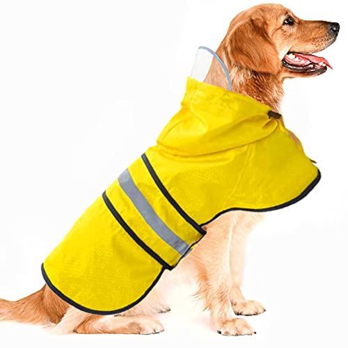 Dog Raincoat Waterproof Reflective Slicker - Lightweight Breathable Hooded Poncho Rain Coat Jacket With Adjustable Belly Strap And Leash Hole For Small Medium Large Dogs (X-Large, Yellow) #TOP4