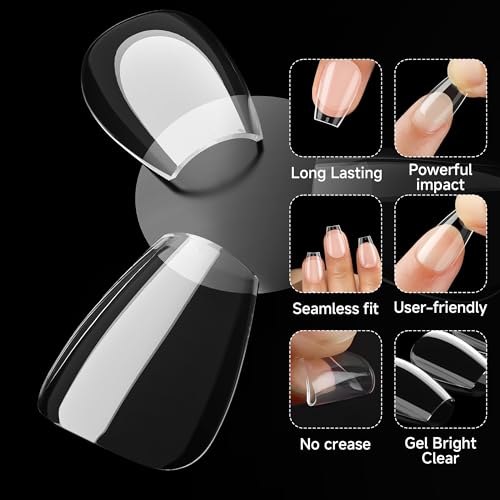 Image of UNA GELLA Short Coffin Nail Tips 216pcs Short Coffin Gel Nail Tips 12 Sizes Full Cover Soft Gel Clear Fake Nails Extension for Home DIY Salon