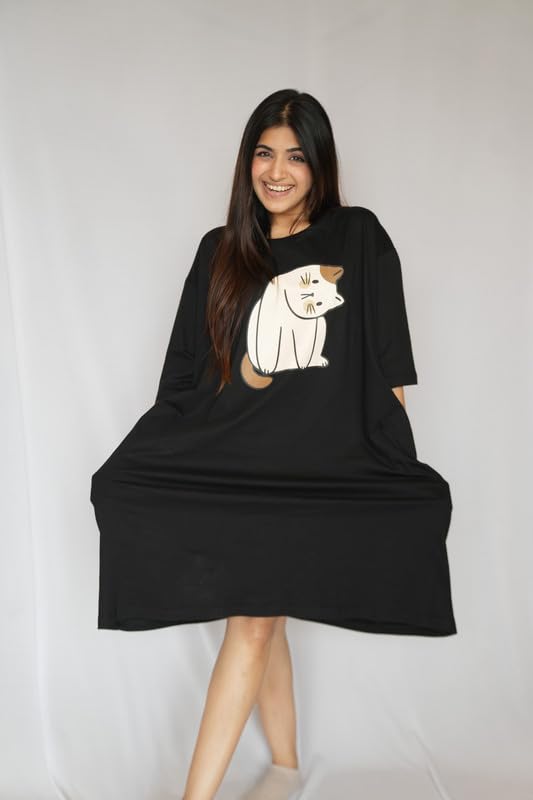 Image of LAMA STORE Women's Printed Oversized T-Shirt Dress, Cotton, 3 /4 Sleeve Length, Casual Loose Fit, Comfort Wear Extra Comfy Oversized Printed Pocket T-Shirt Dress