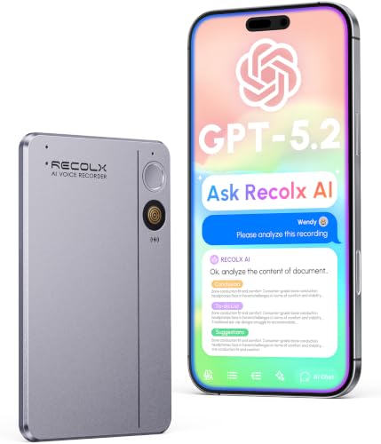 RECOLX AI Voice Recorder, AI Transcriber with GPT-5.2, Pearl Gray
