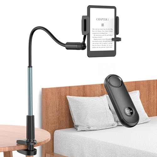 PlusAcc for Kindle Holder with Remote Page Turner – Gooseneck Stand for Reading in Bed, Hands-Free Desk Mount, Lazy Arm with Clicker for Kindle Acce