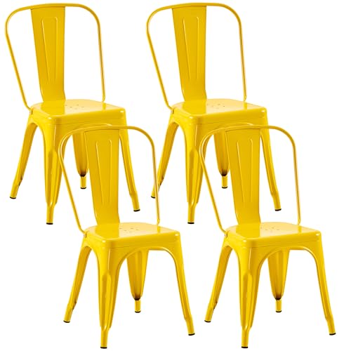 Image of Metal Dining Chairs with Backrest, Stackable, Yellow, 4 Pack | Easy Assembly, Non-Slip Feet, 330 lb Capacity, Kitchen, Restaurant, Cafe, Pub, Covered Patio