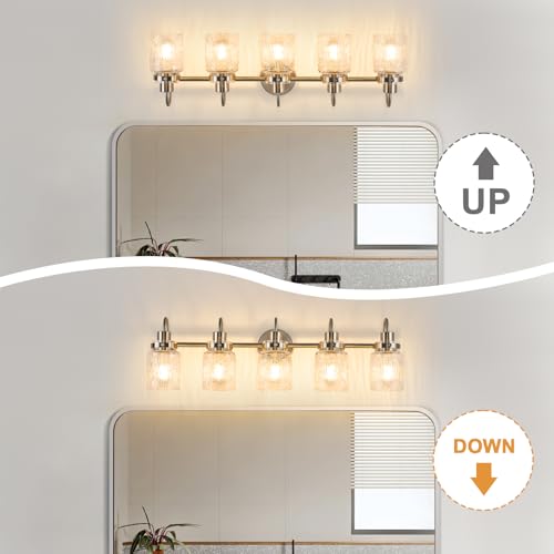 Image of 5 Lights Hammered Glass Bathroom Vanity Light,Brushed Nickel | Easy Installation,Up or Down,Farmhouse Modern Style,E26 Socket,ETL Certification