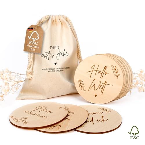 MeinBaby123® Nachhaltige Holz Meilensteinkarten 40 Stk. inkl. Stoffbeutel | Baby Holzmeilensteinkarten 1 Jahr | Geschenk zur Geburt | Geschenk für werdende Eltern | Geschenk Schwangerschaft (Holz)