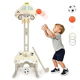 Funsland 4 in 1 Canestro Basket Bambini: Altezza Regolabile 78-142CM, con Calcio, Basket, Golf, Lancio, Giochi Esterno Interno Bambini 2-7 Anni, Mini Canestro Basket, Regalo di Giocattolo