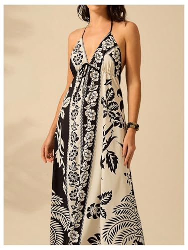 Image of SOLY HUX Women's Boho Floral Print Maxi Dress Halter Backless Flowy Long Vacation Beach Summer Dresses